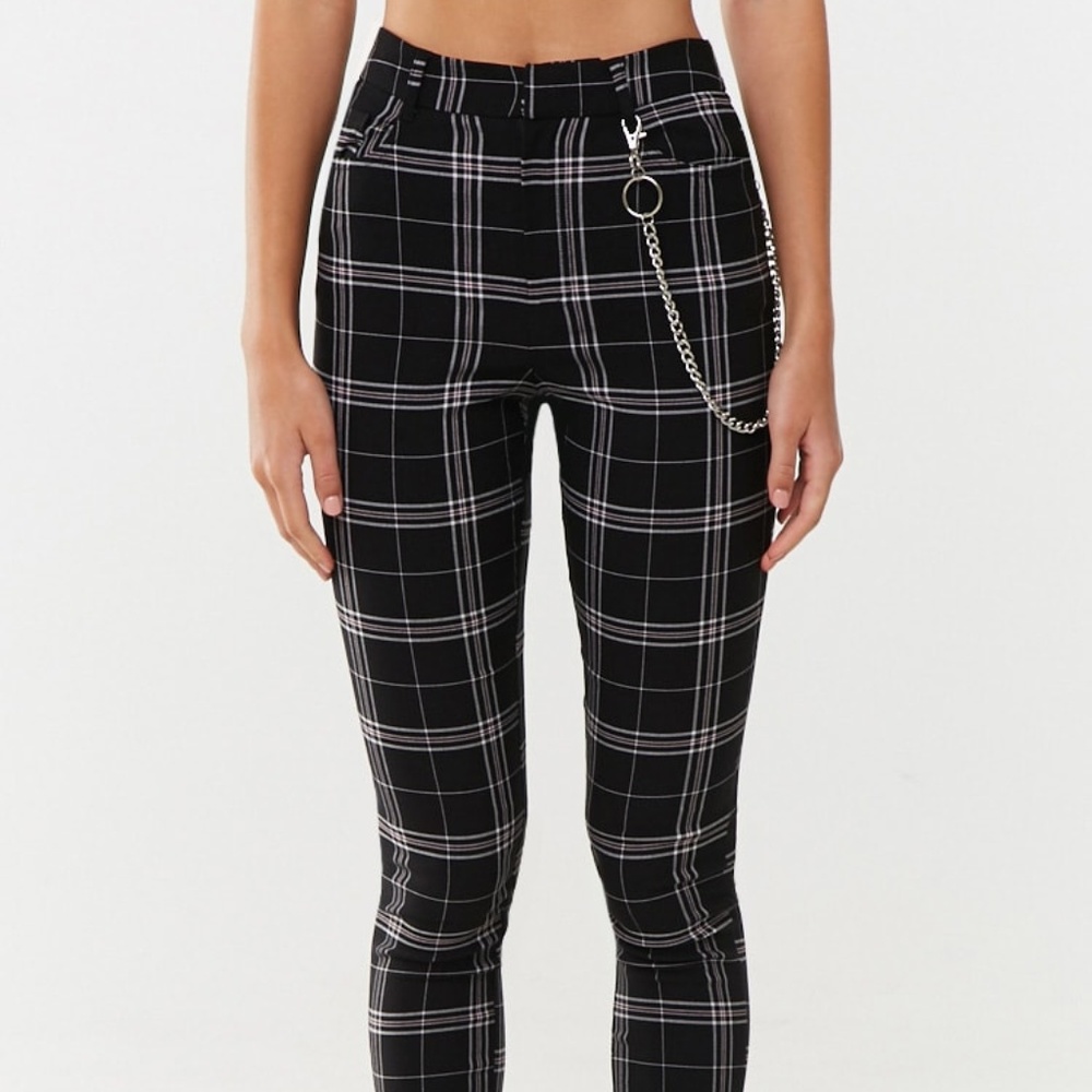 Chain-Accent Plaid Pants